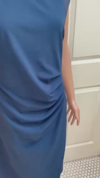 Navy Blue Tailored Midi Dress | Ruching, Pleats & Structured Shoulders | Size 8