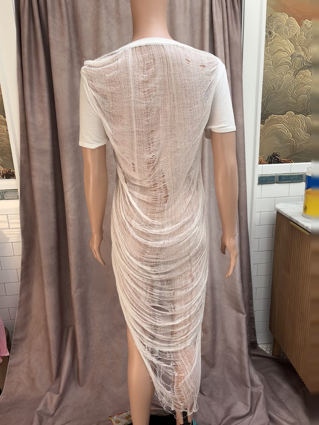 Slouchy White T-Shirt with Shredded Back – Size Medium