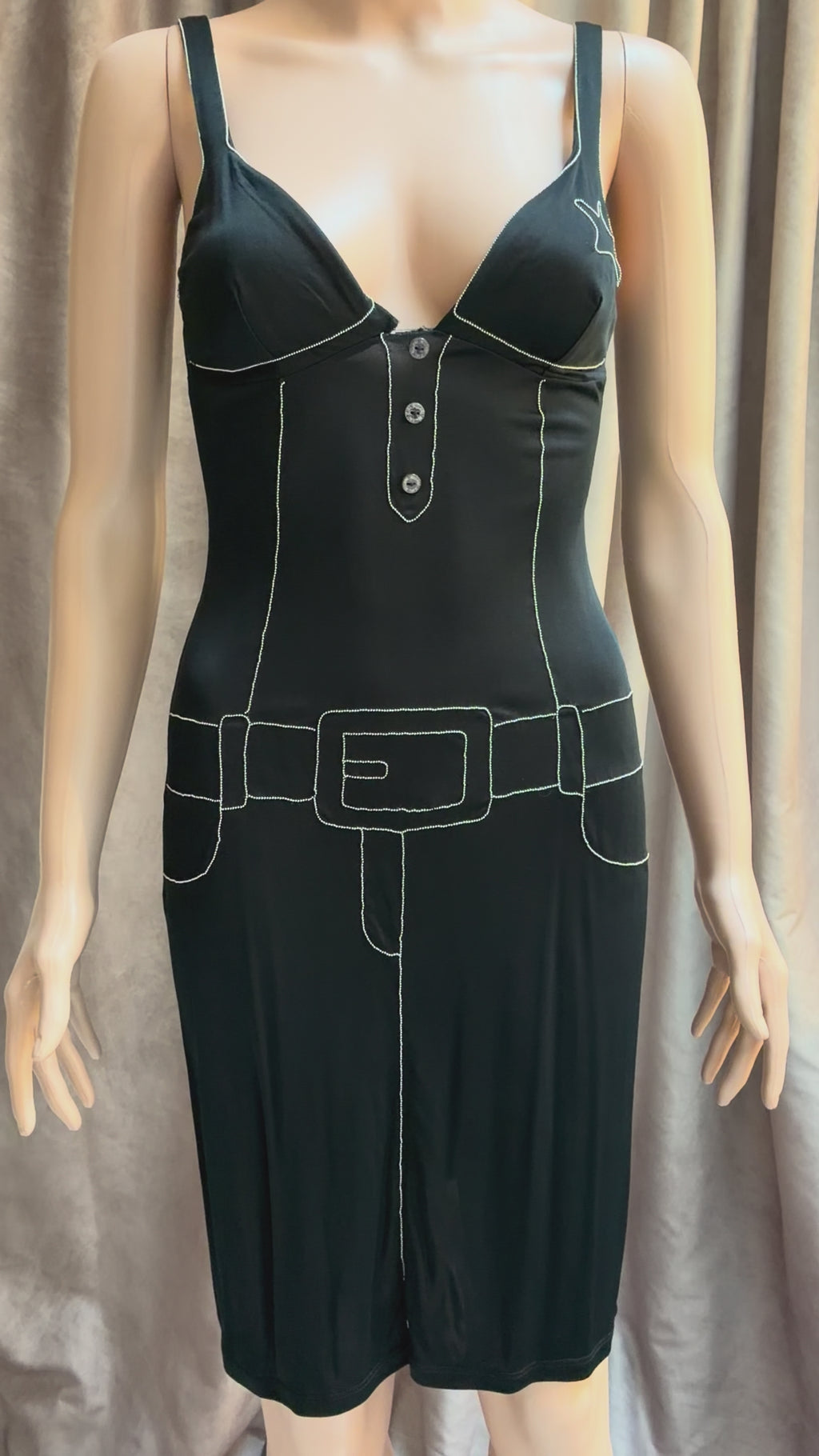 Vintage Moschino Black Satin Slip Dress with Rhinestone Detail