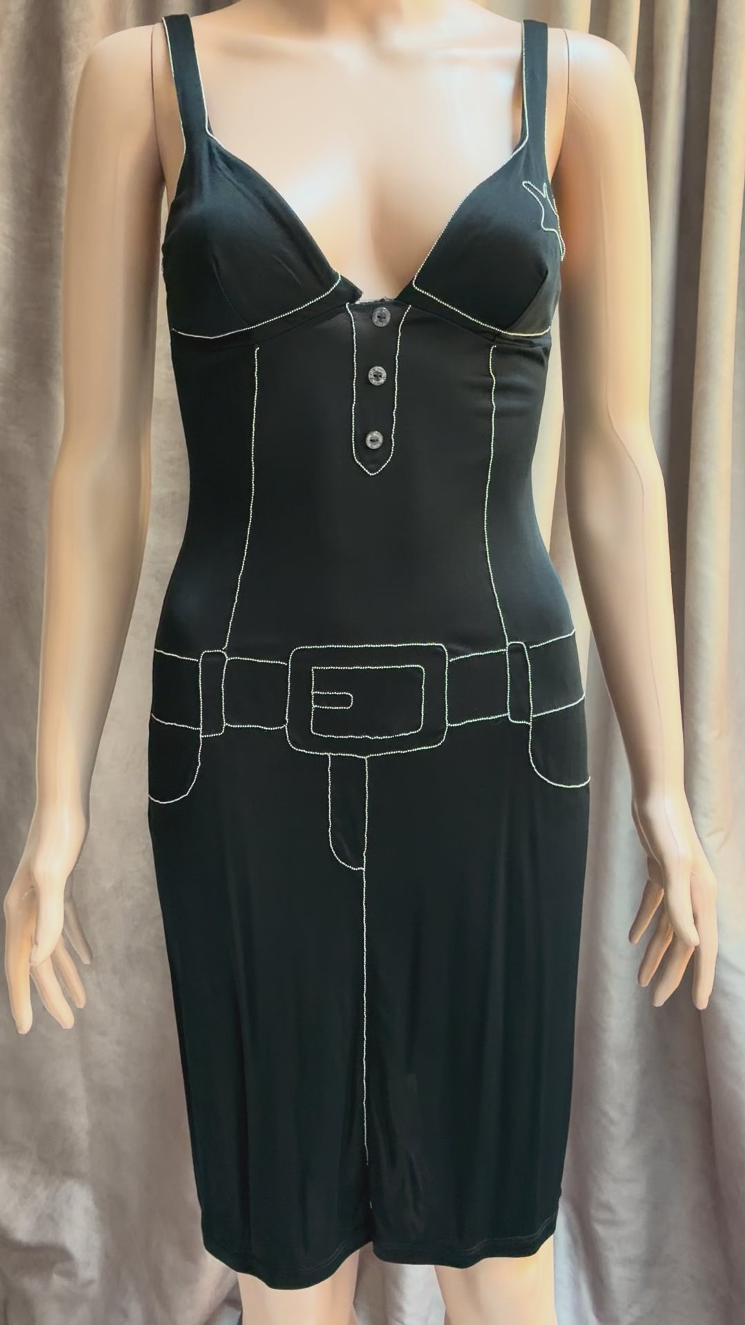 Vintage Moschino Black Satin Slip Dress with Rhinestone Detail