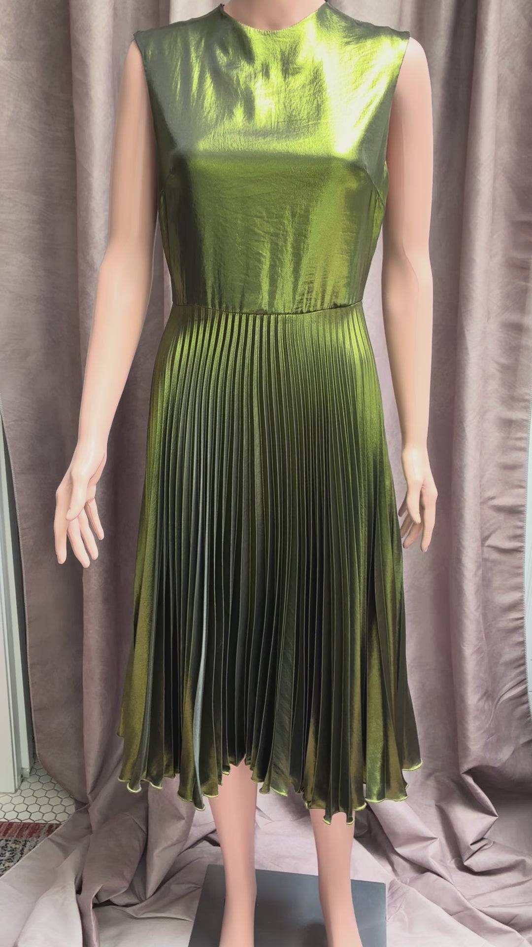 Vintage Topshop Chartreuse Metallic Accordion Pleated Midi Dress | Studio 54 Glam