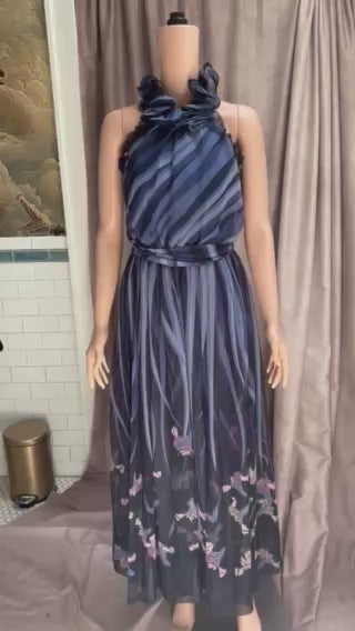 Navy Blue Floral Chiffon Maxi Dress