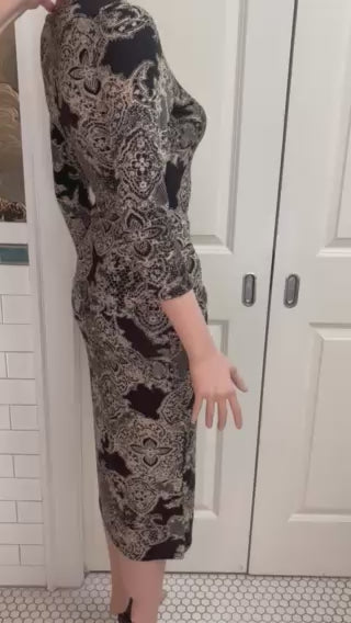 Black & Gold Pattern Jersey Bodycon Dress | Midi Length | Size Medium