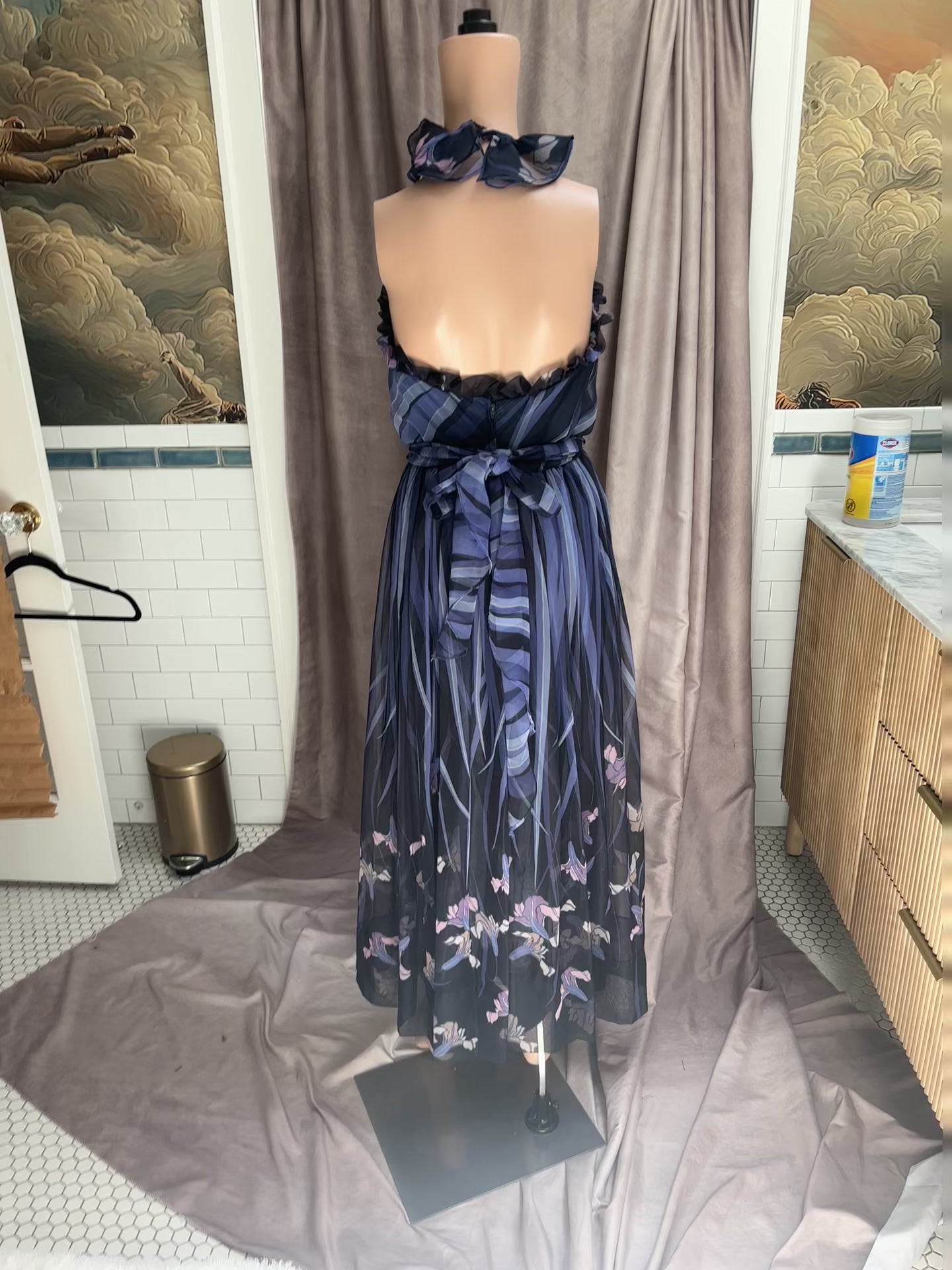 Navy Blue Floral Chiffon Maxi Dress