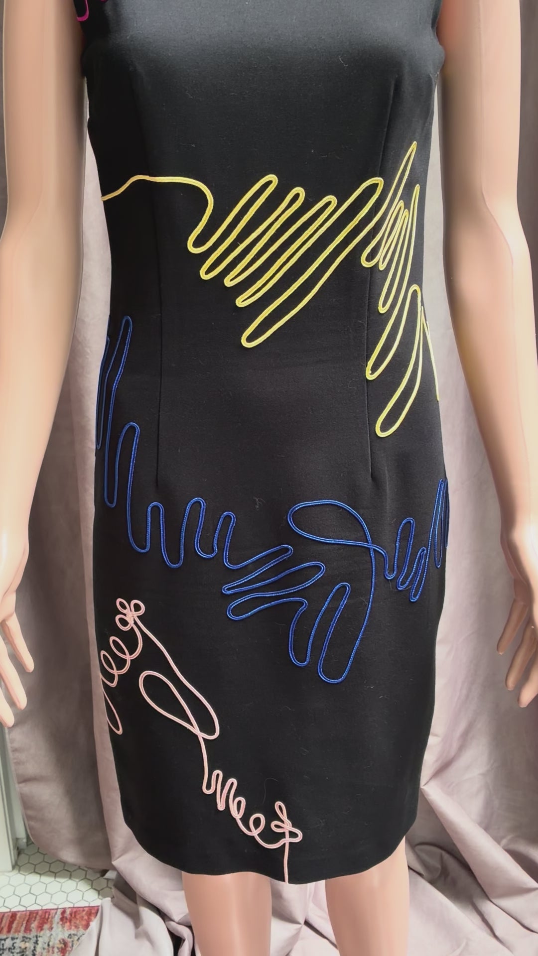 Vintage Few Moda NY Neon Scribble Embroidery Wiggle Dress | Wearable Art