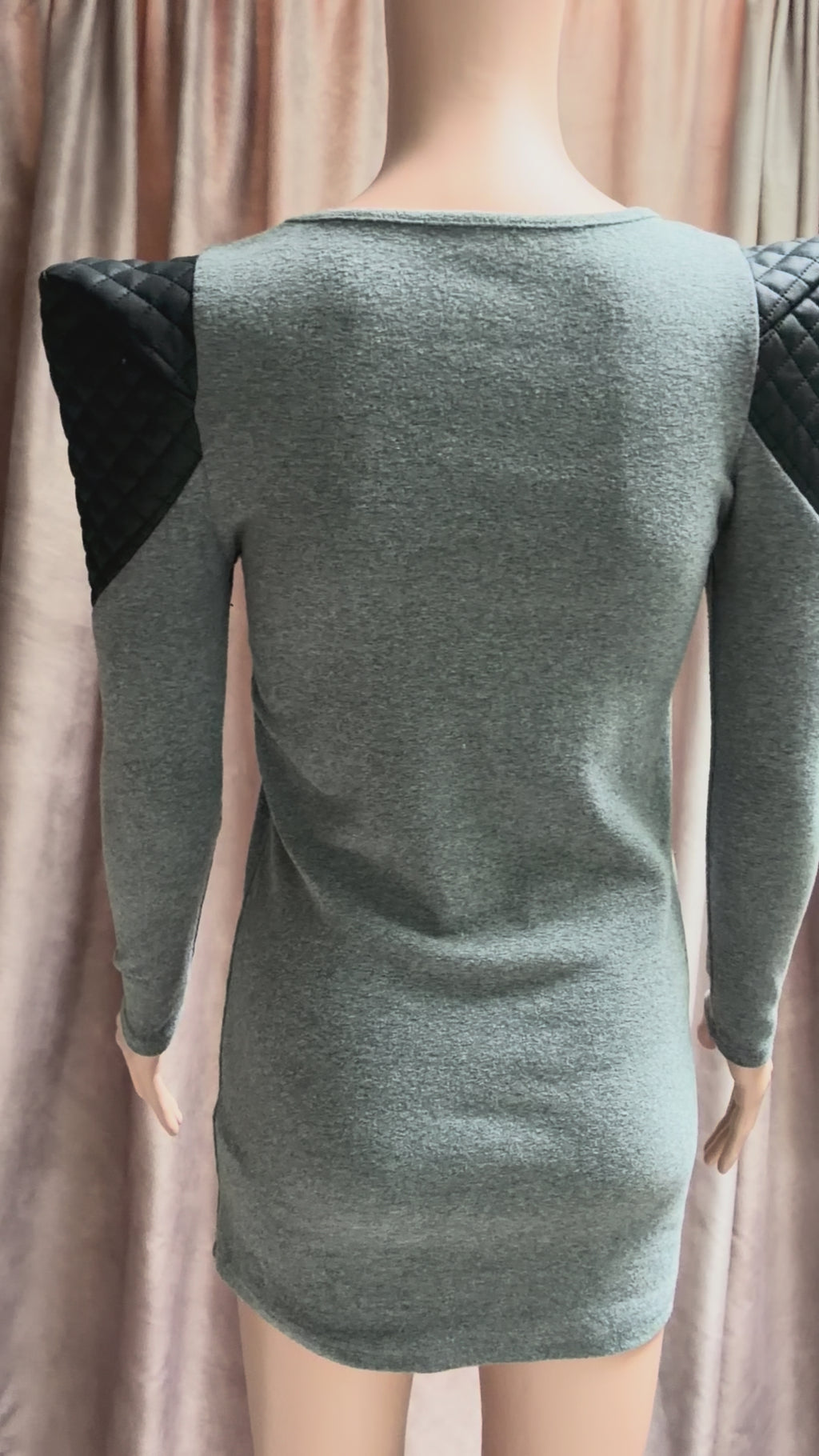 Gray Mini Dress with Quilted Vegan Leather Structured Shoulders