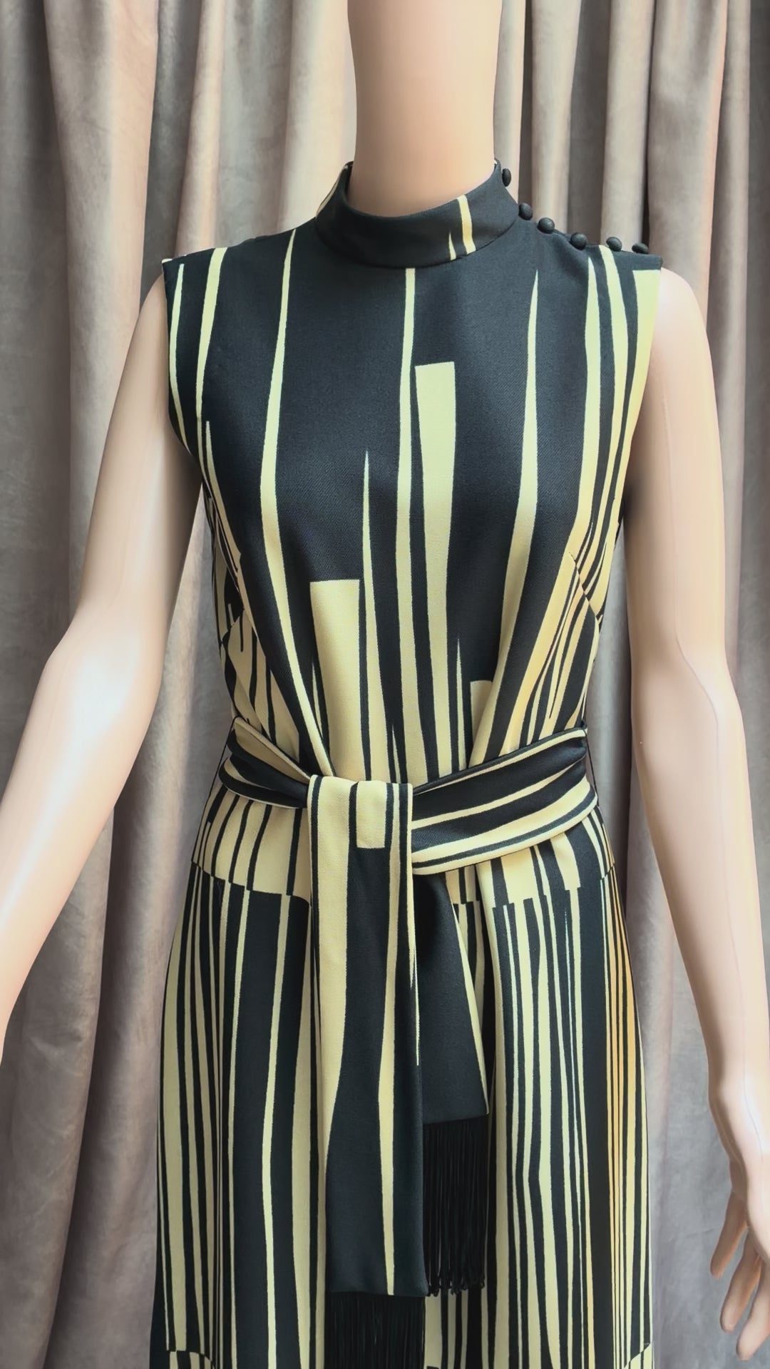 Black & Gold Geometric Print Maxi Dress with Tassel Belt