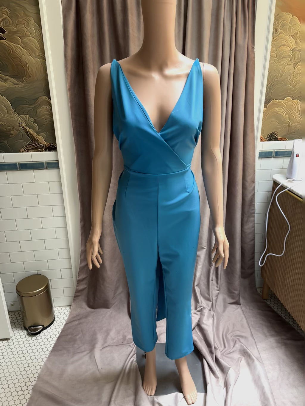 AKIRA Turquoise Wrap Jumpsuit with Tie Back — Size Medium