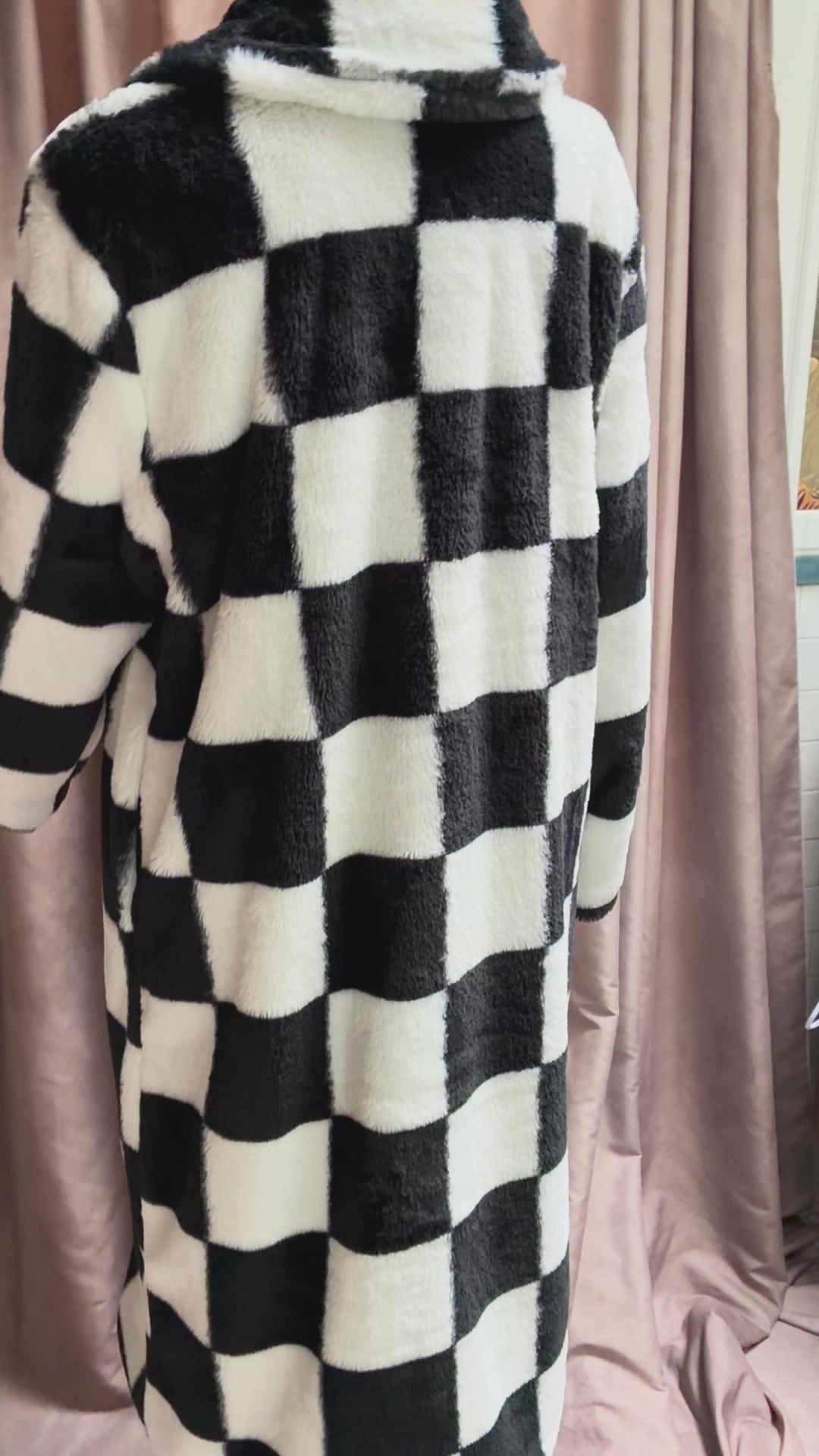 Black & White Checkerboard Faux Fur Coat — Size XL