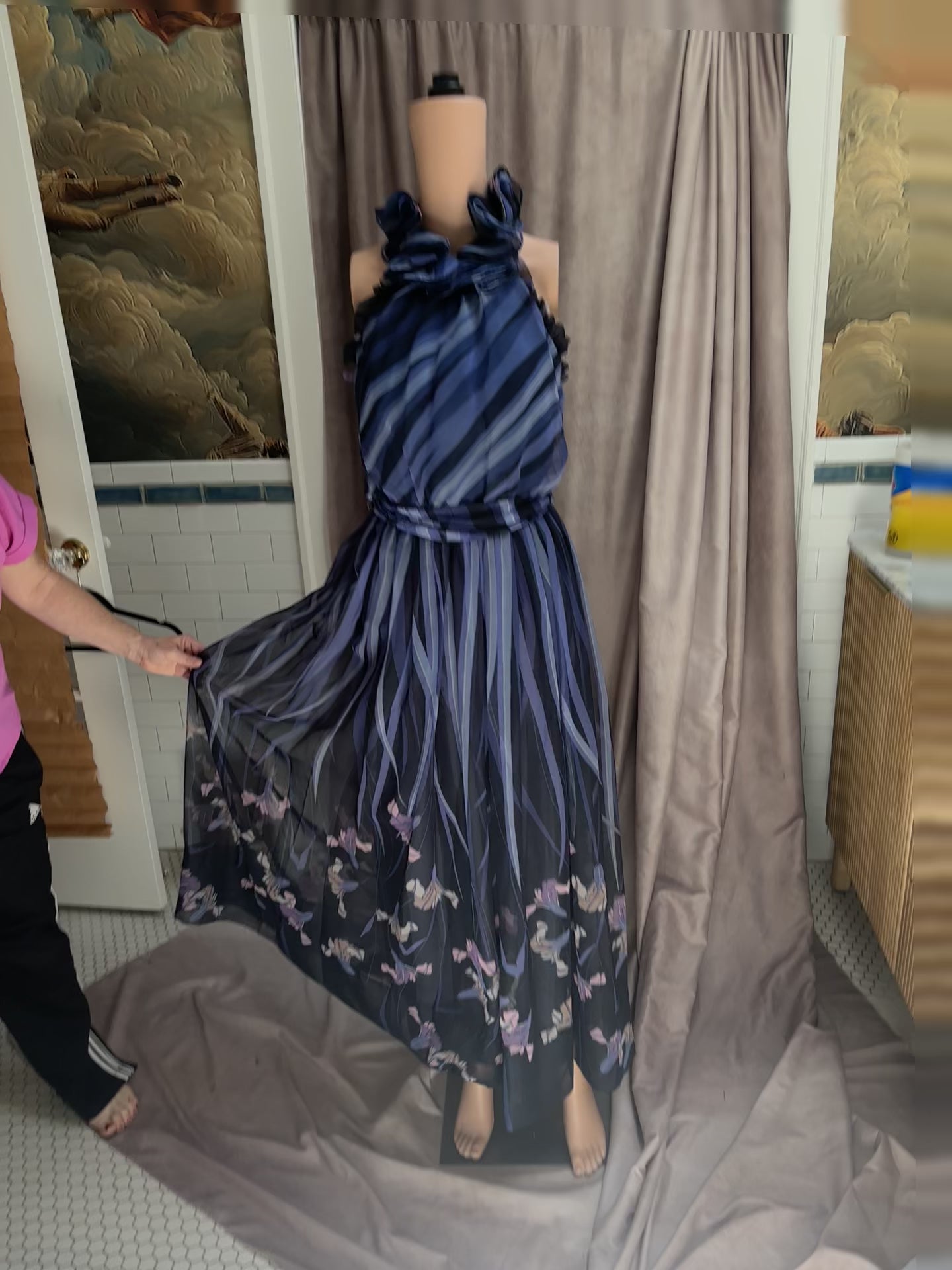 Navy Blue Floral Chiffon Maxi Dress