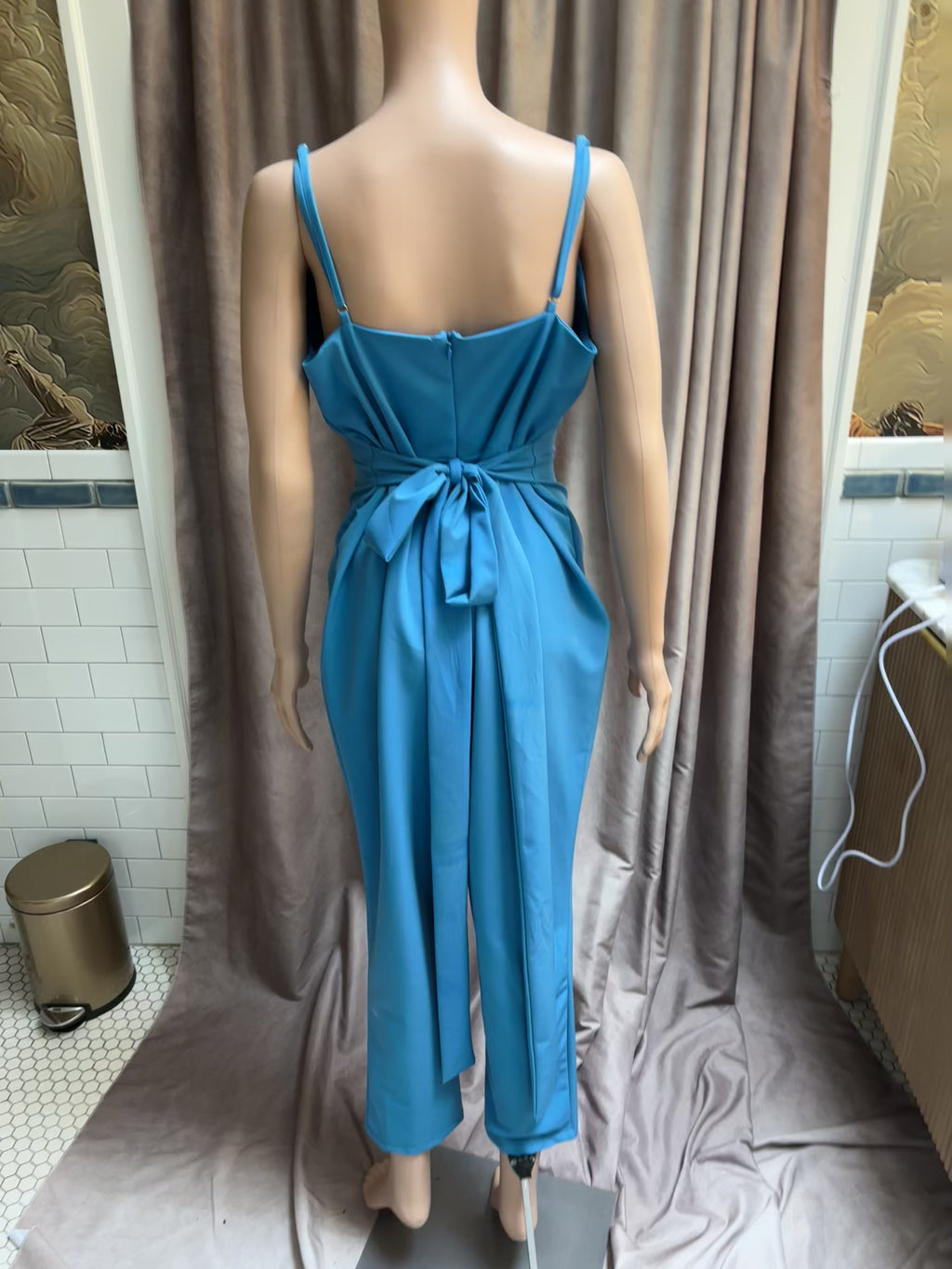 AKIRA Turquoise Wrap Jumpsuit with Tie Back — Size Medium