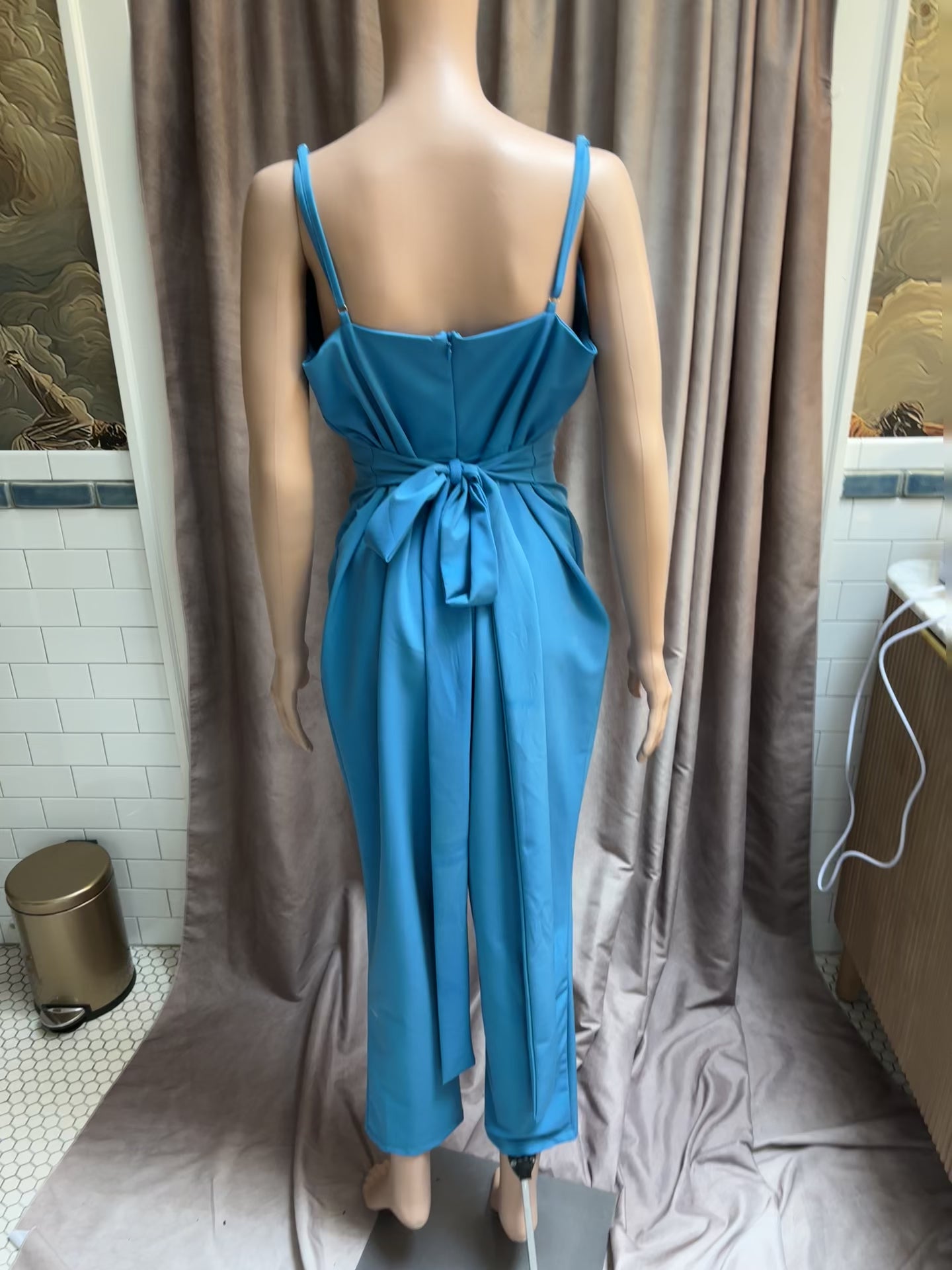 AKIRA Turquoise Wrap Jumpsuit with Tie Back — Size Medium
