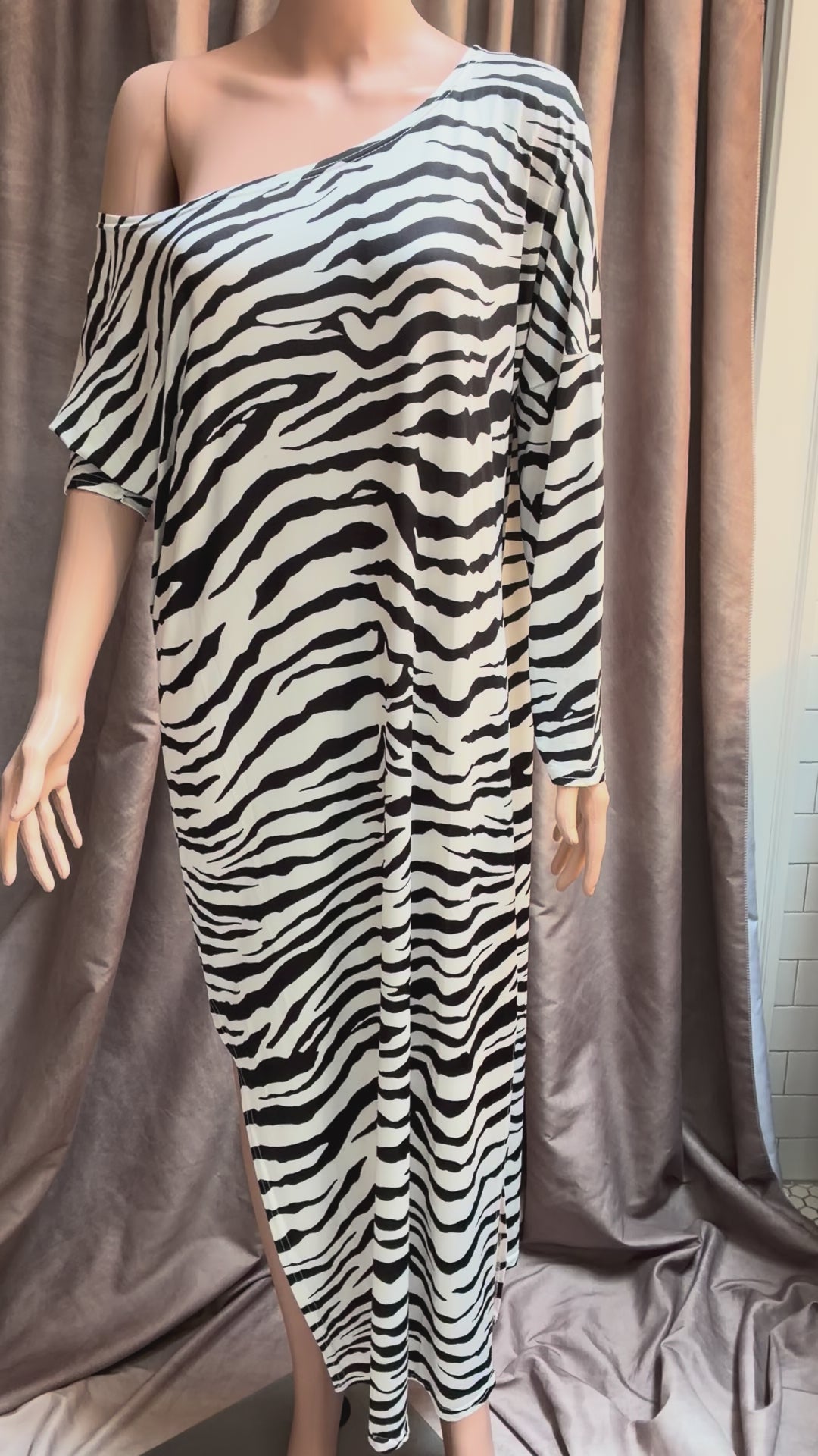 Zebra Print One-Shoulder Midi Dress
